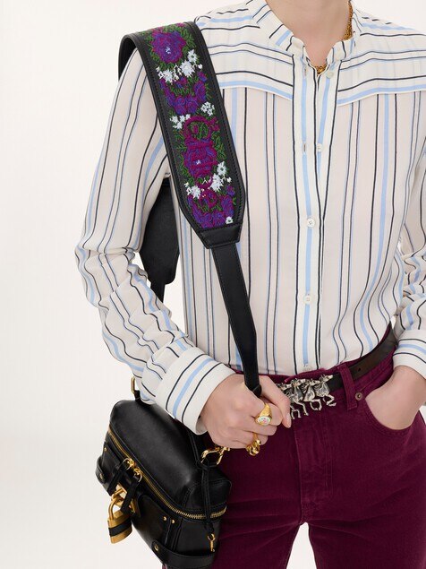 Grained leather strap with rose embroidery