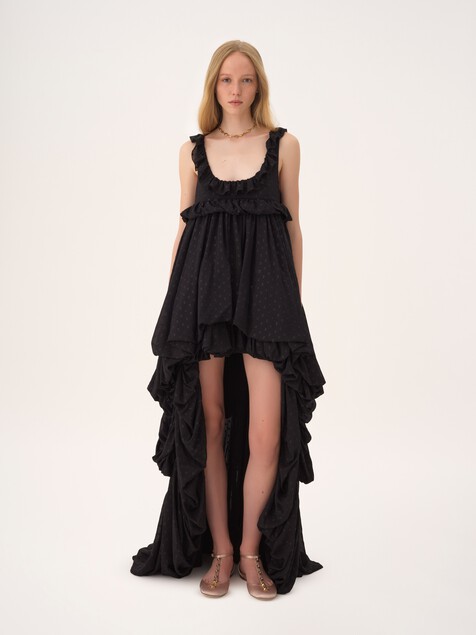 Hinten l&auml;nger geschnittenes &auml;rmelloses Kleid aus Seidengeorgette-Jacquard und Lurex