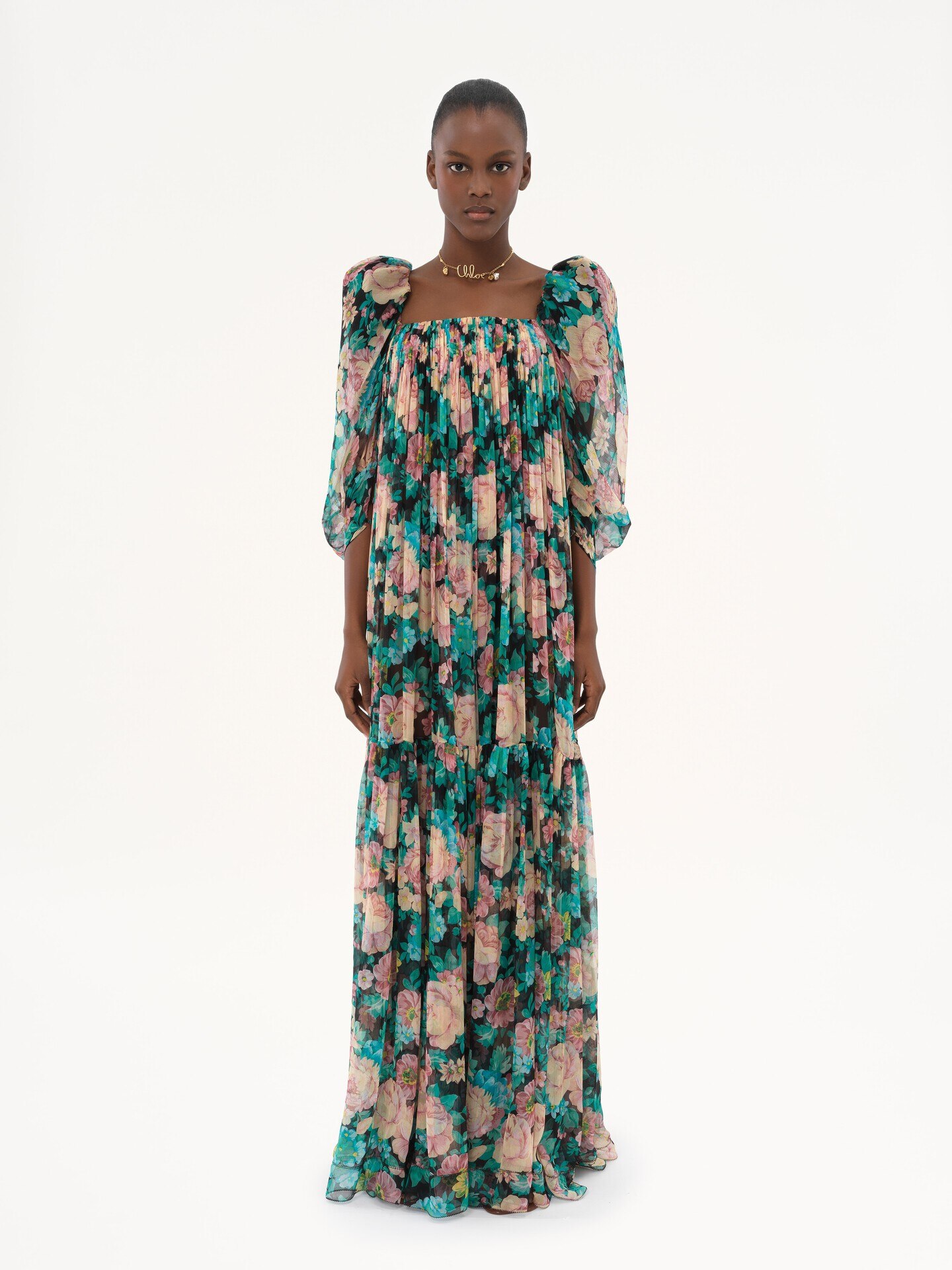 Puff-sleeve long dress in silk mousseline - 3