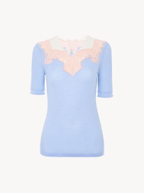 Elbow-sleeve fitted sweater in a wool knit & lace