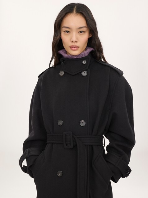 High-neck long coat in double-face wool