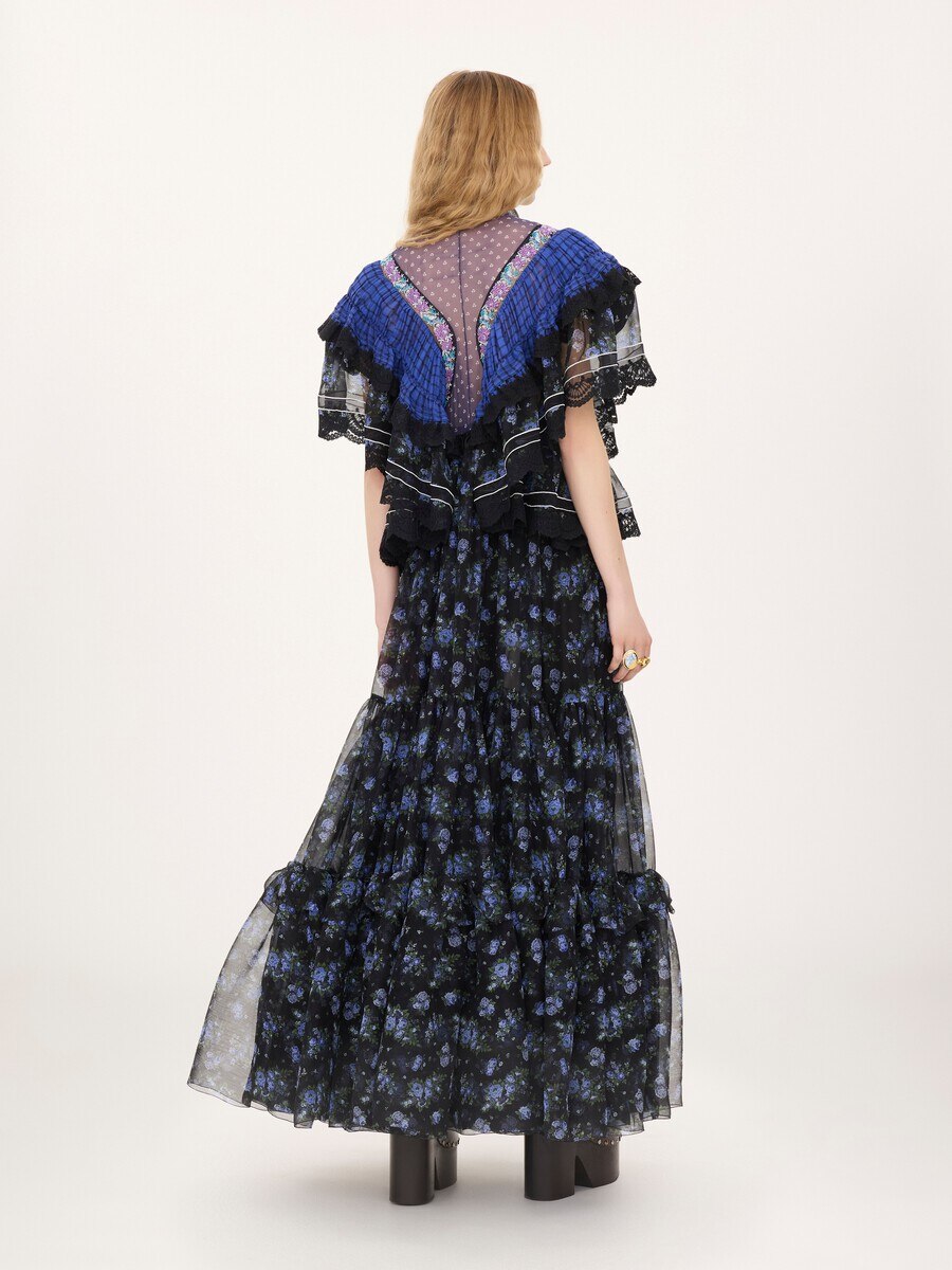 Ger&uuml;schtes langes Kleid aus Seidenmusselin und Spitze - 5