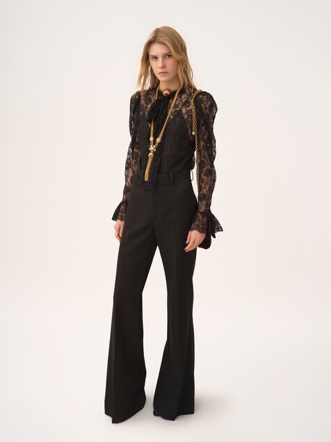 Puff-sleeve lavallière top in floral lace jacquard