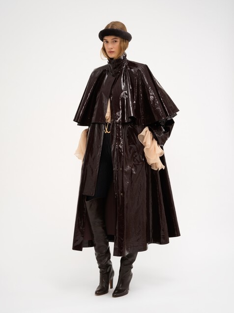 Oversized long parka in shiny cotton with cape