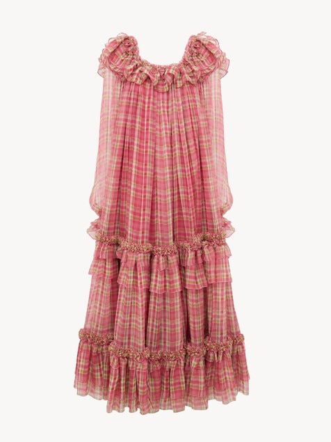 Square-neck midi dress in check silk mousseline