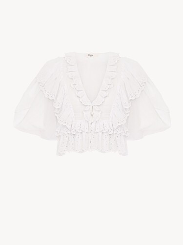 Cropped V-neck ruffle top in cotton voile - 2