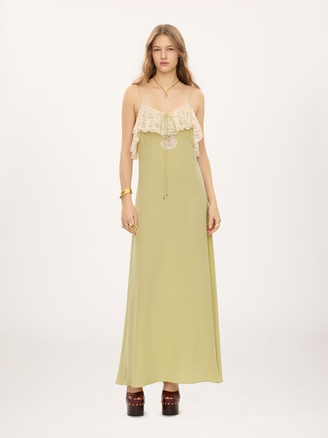 Thin-strap long dress in cr&ecirc;pe de chine & lace