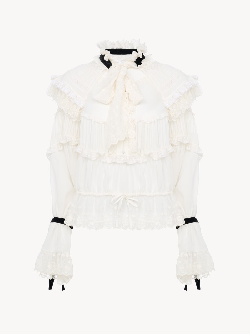 Tie-front ruffle top in silk mousseline & lace by Chloé