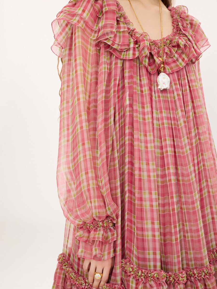 Square-neck midi dress in check silk mousseline - 8