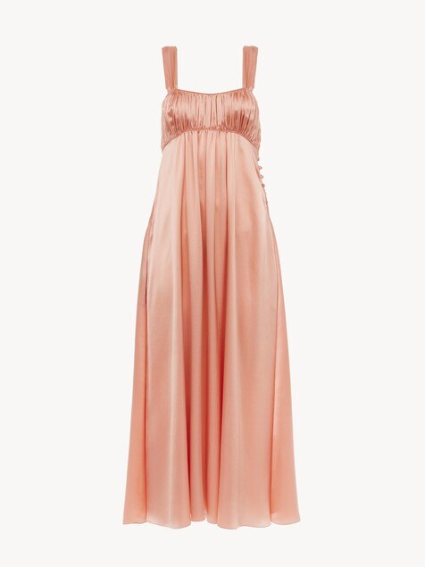 Sleeveless ruched long dress in silk satin