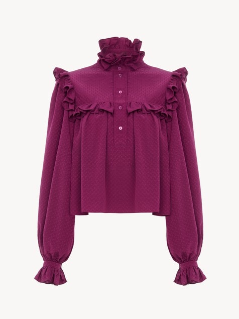 Ruffled high-neck top in silk jacquard