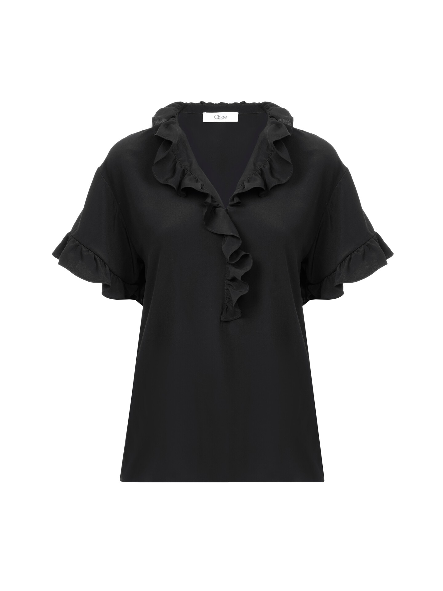 クレープデシン製ショートスリーブ フリルトップス 黒 - Chloé