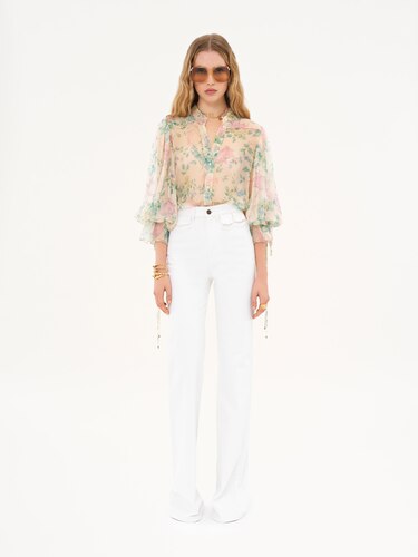 クロエ　シルク　ブラウス　クロシェ　ボウタイ　パフスリーブ　ギャザー　アイボリー クロエ シルク ブラウス クロシェ ボウタイ パフスリーブ