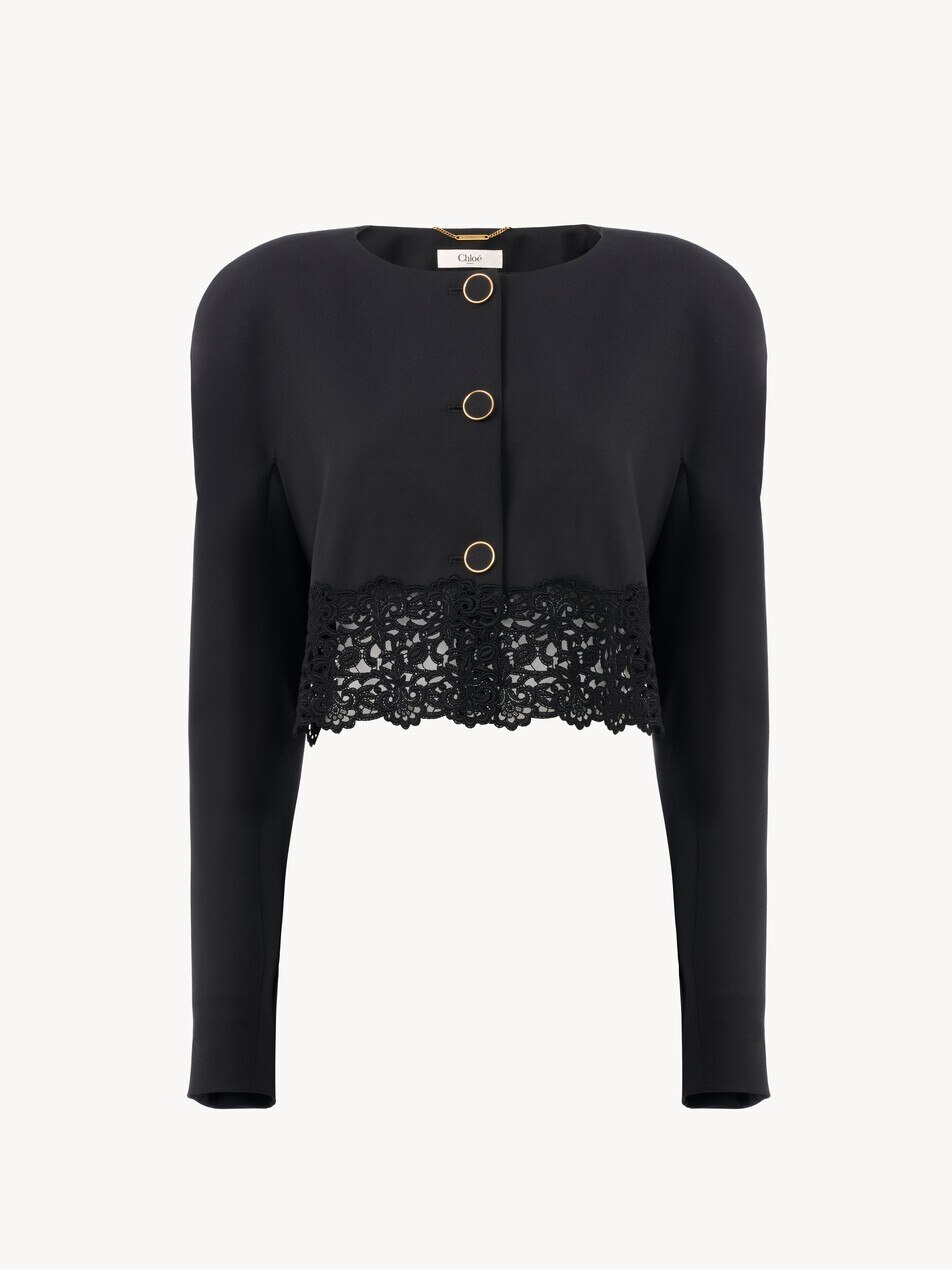 Veste courte sans col en laine grain de poudre et dentelle