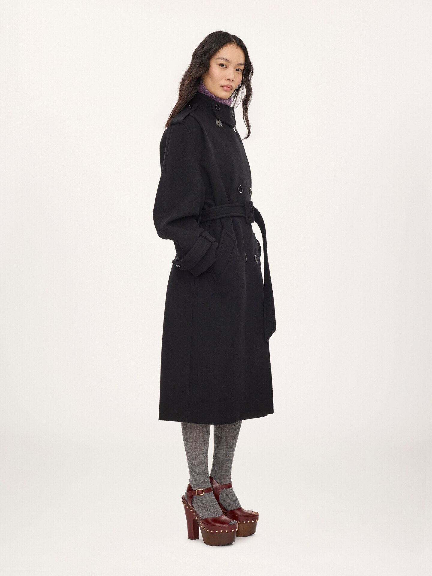 High-neck long coat in double-face wool - 5.0