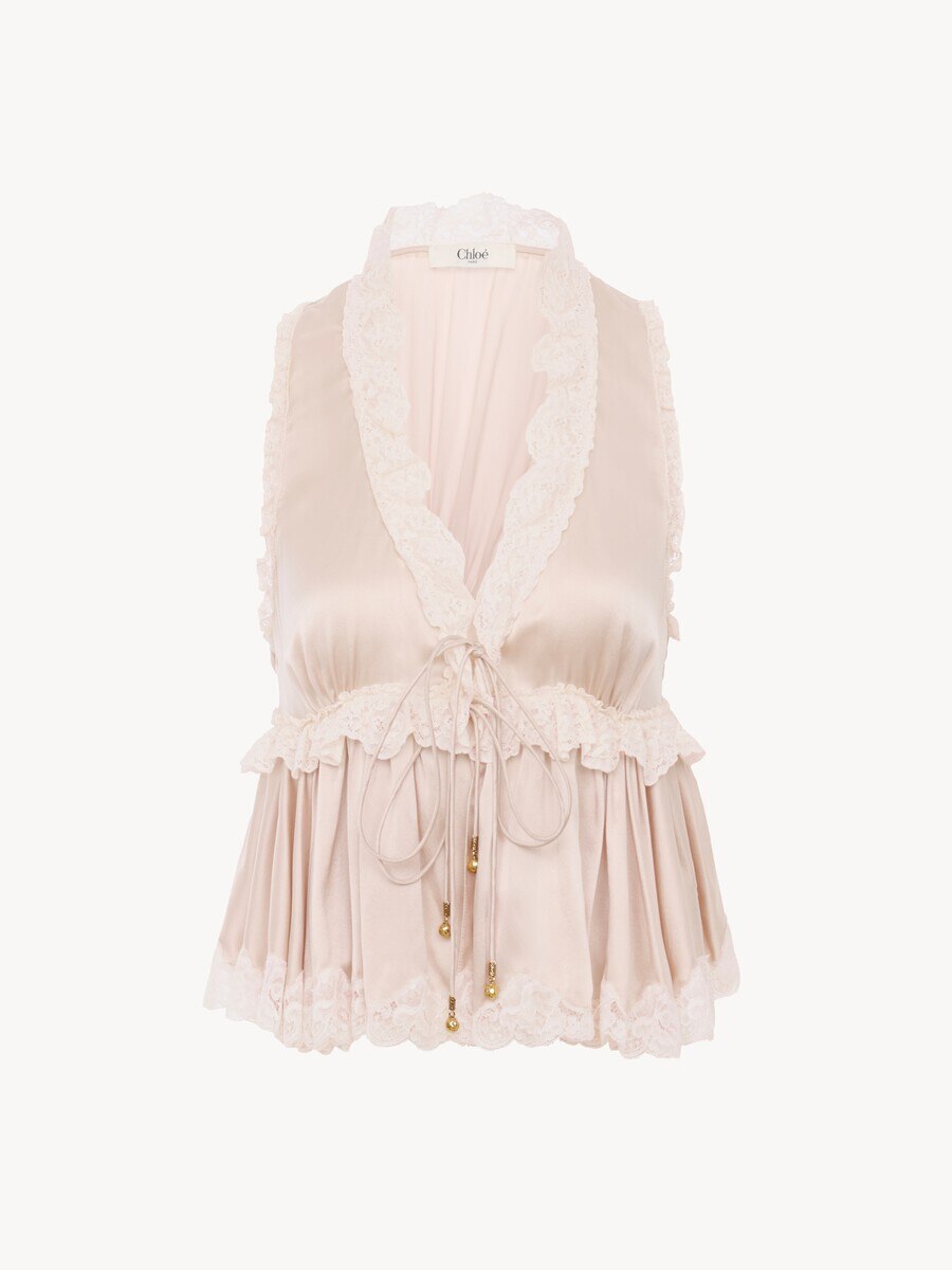 Tie-front sleeveless top in washed silk satin & lace - 2