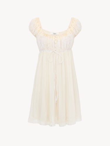 Short-sleeve mini dress in silk mousseline & lace - 2