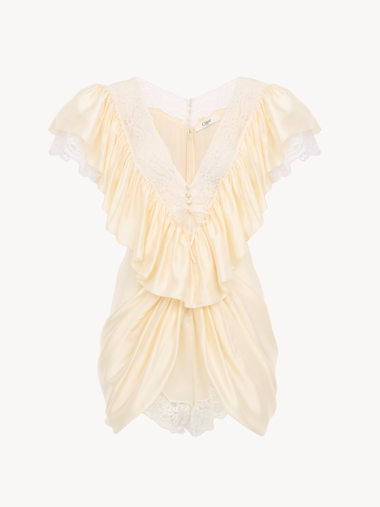 V-neck short jumpsuit in washed silk satin & lace - 2