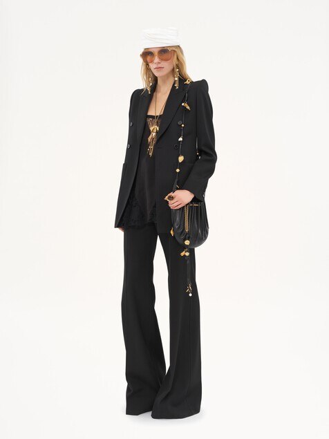 High-rise flared pants in wool grain de poudre
