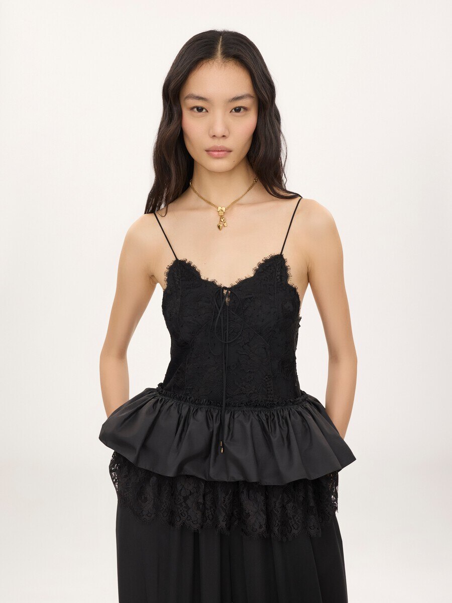 Thin-strap ruffle top in technical taffeta & lace - 4