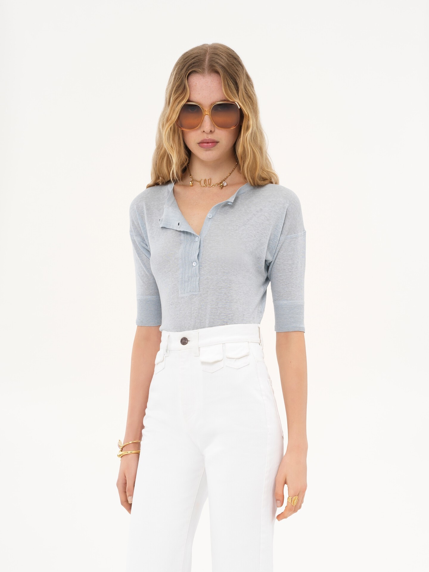 Short-sleeve Henley shirt in linen & silk knit - 4