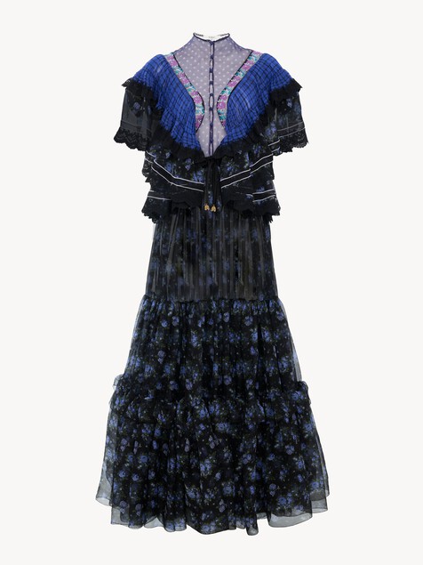 Vestido largo con volantes de muselina de seda y encaje