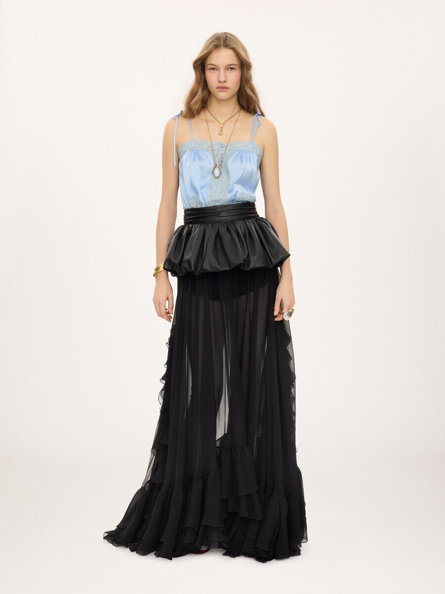 Drawstring camisole top in washed silk satin & lace - 3
