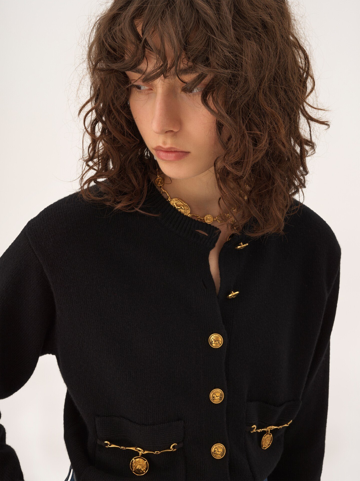 Cardigan en maille de laine m&eacute;rinos et cachemire &agrave; m&eacute;daillons cheval - 7