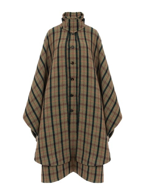 Layered long cape coat in brushed check wool