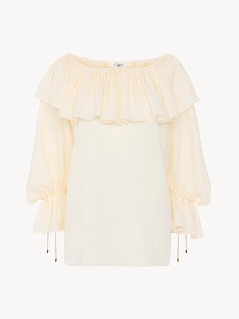 Fluid ruffle top in silk jacquard