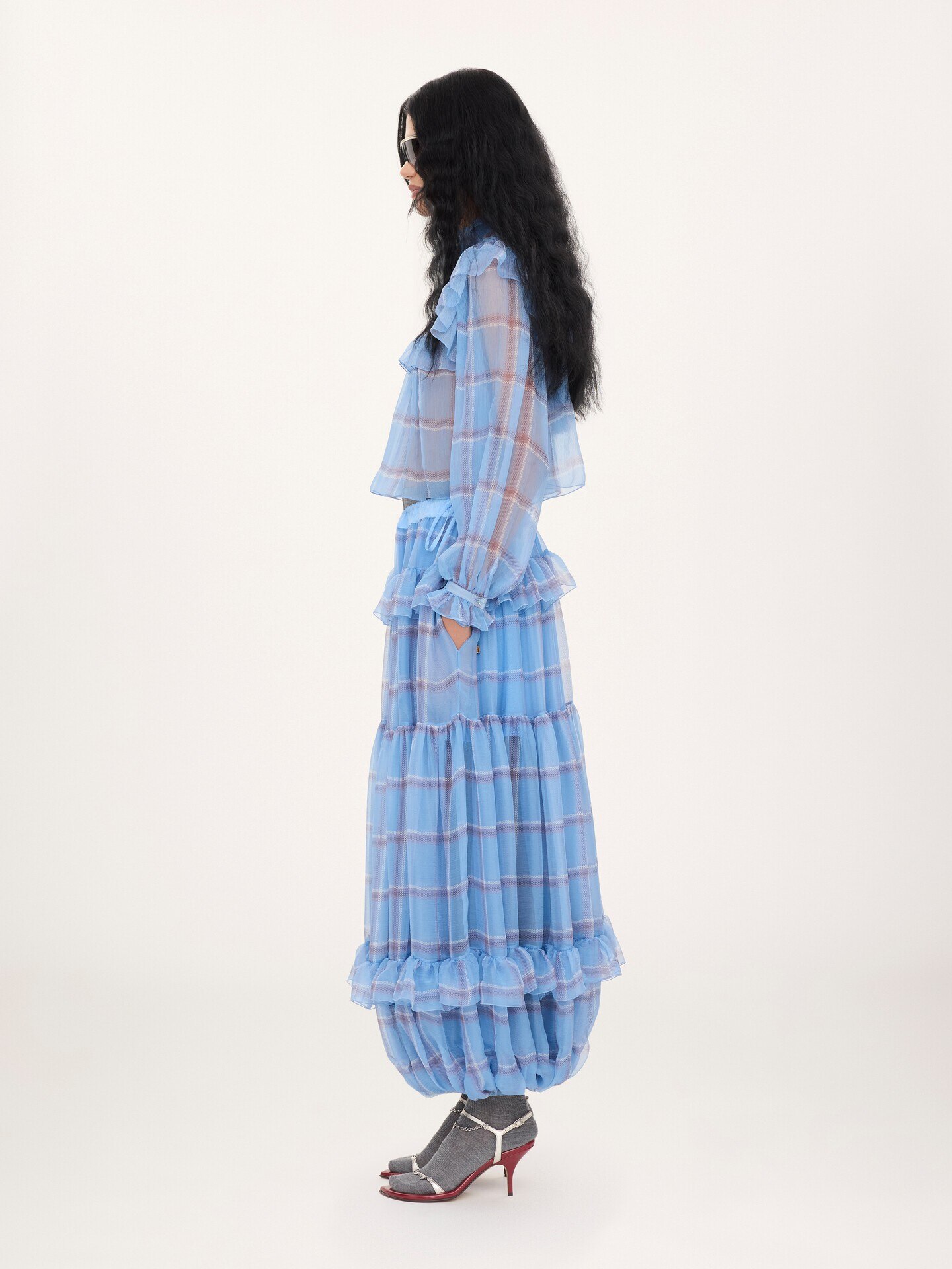Fluid pleated pants in check silk mousseline - 6.0