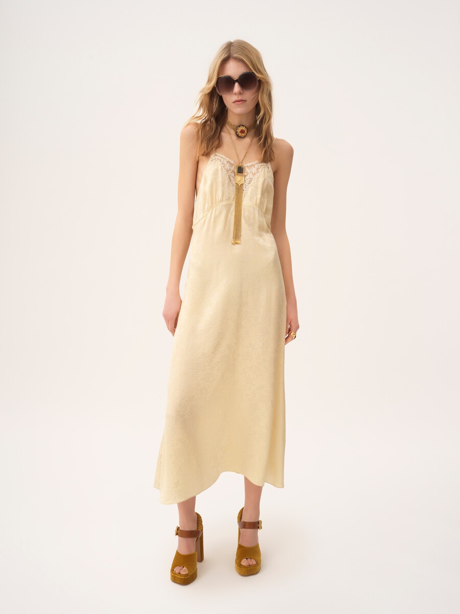 Thin-strap midi dress in silk jacquard & lace - 3