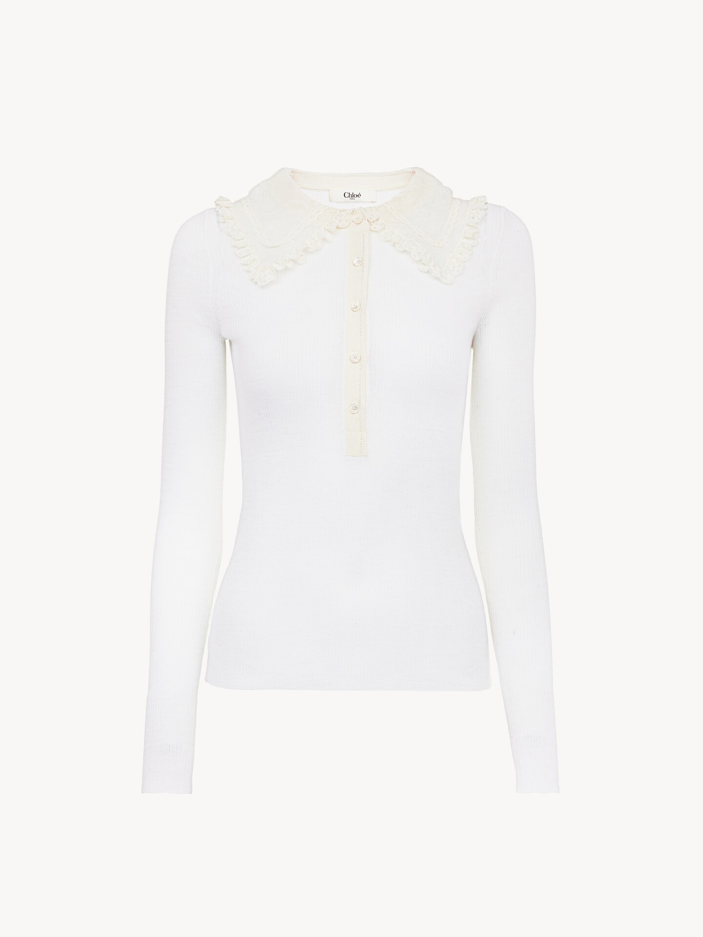 Pull henley &agrave; col en maille de laine extrafine et dentelle - 2