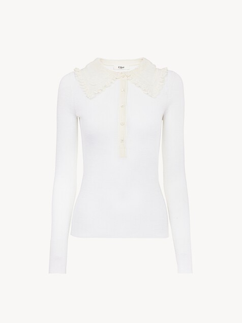 Pull henley &agrave; col en maille de laine extrafine et dentelle