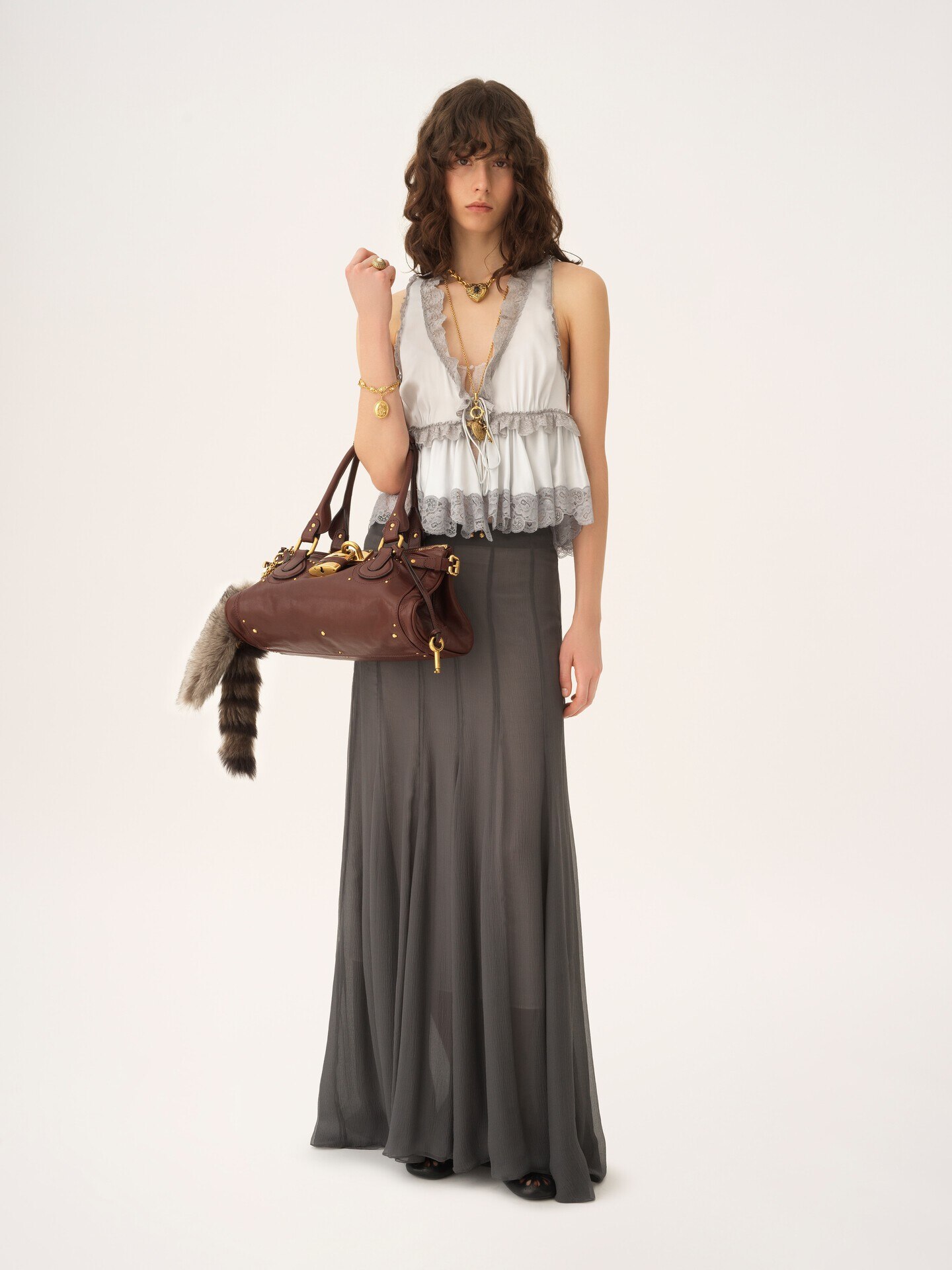 Tie-front sleeveless top in washed silk satin & lace - 1.0