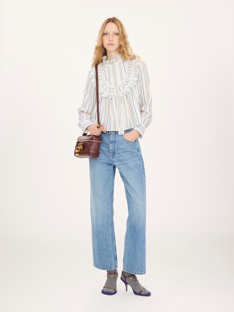 Ruffled blouse in silk jacquard & lace