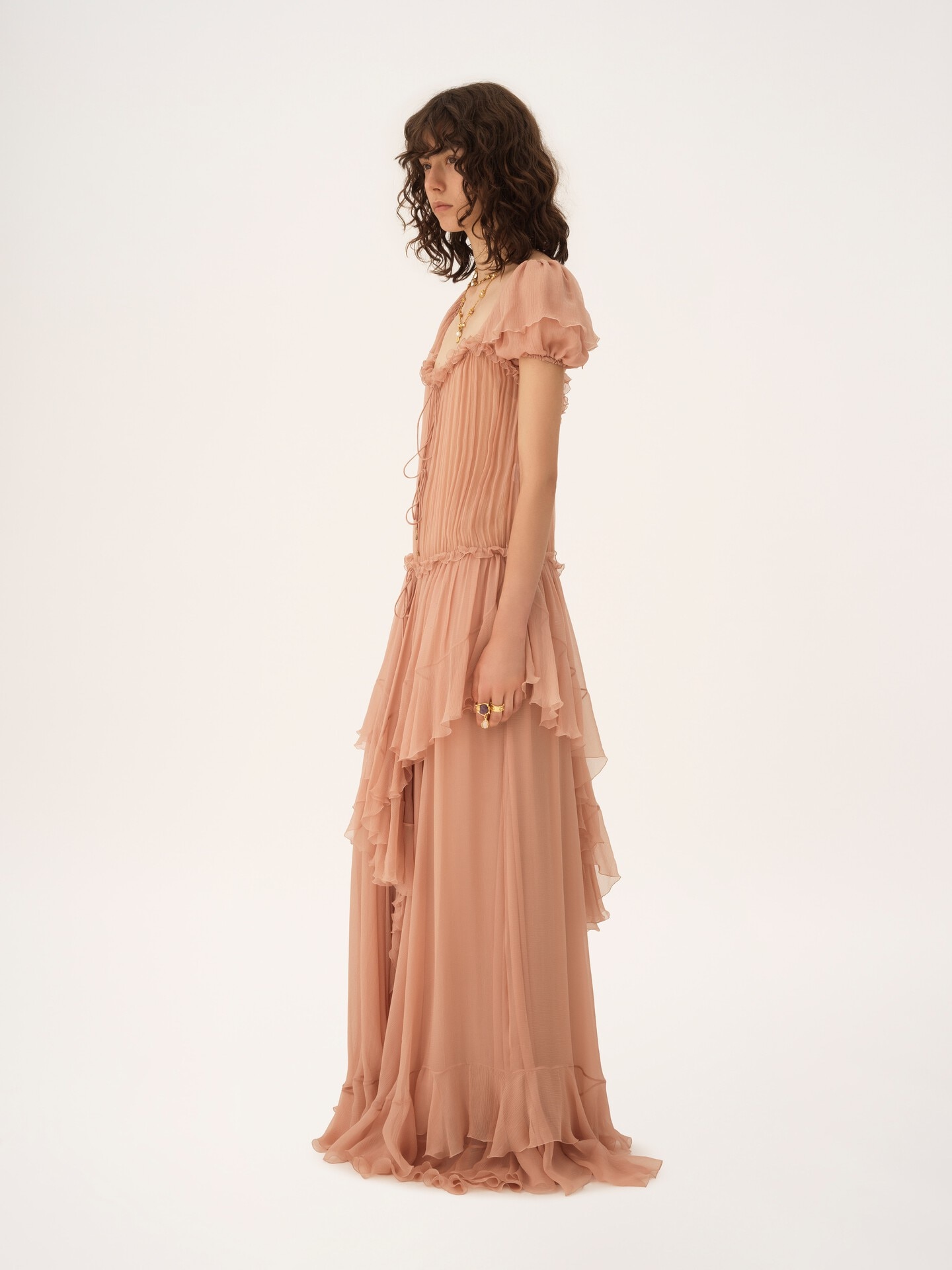 Gathered long ruffled dress in silk mousseline - 6
