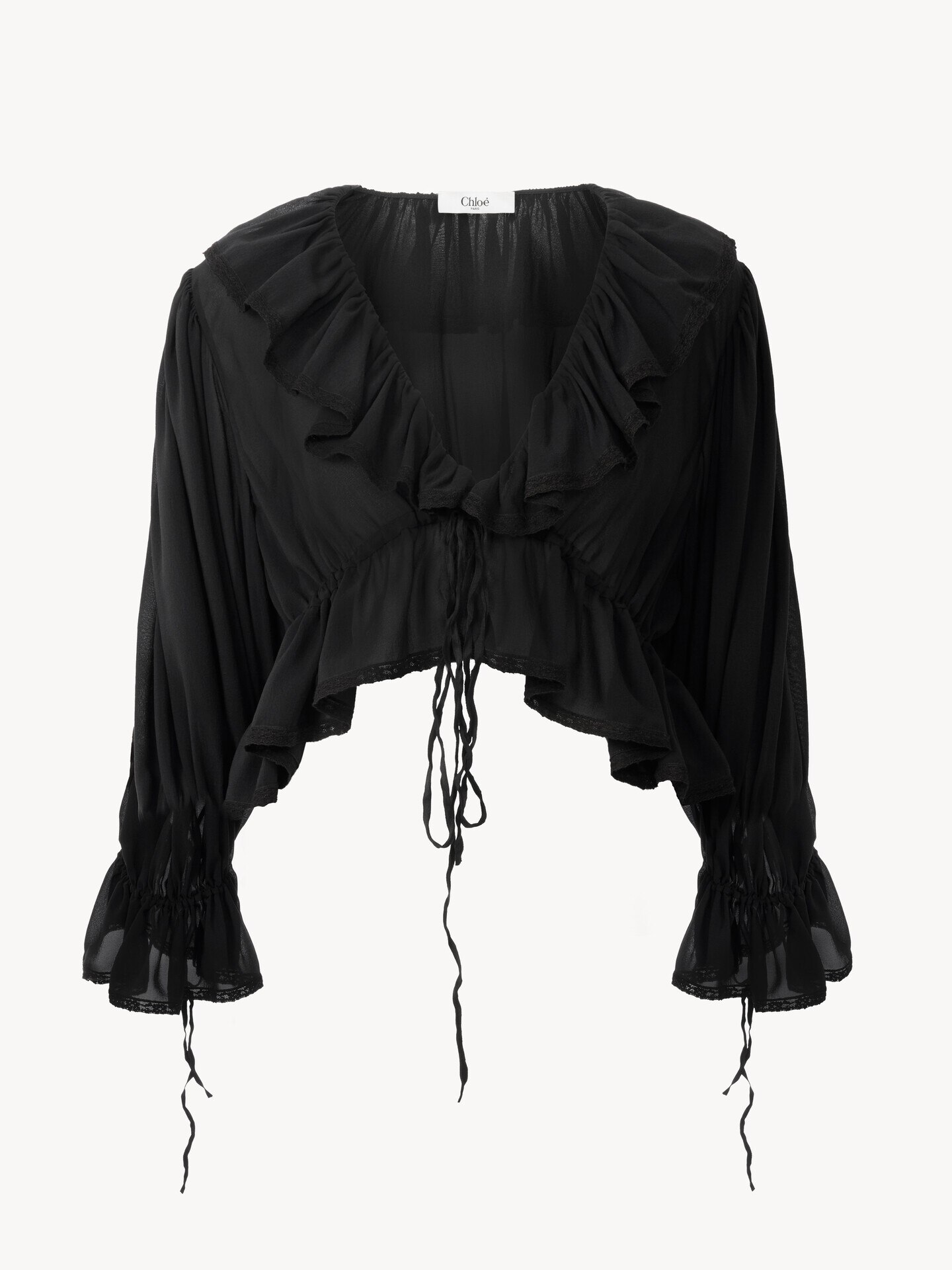 Cropped V-neck ruffle top in silk georgette & lace - 2.0