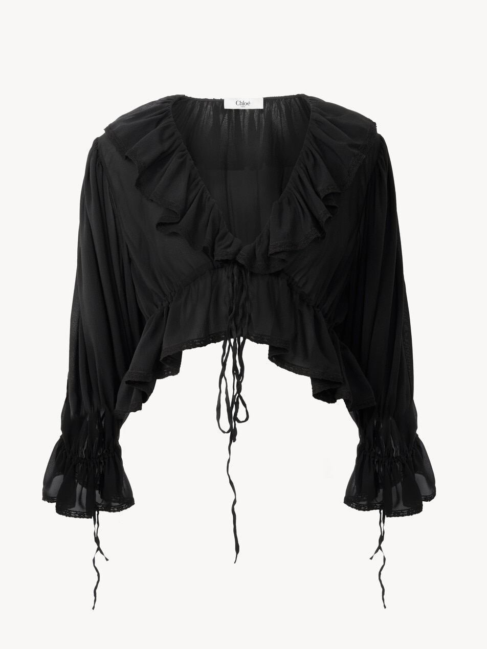 Cropped V-neck ruffle top in silk georgette & lace - Packshot