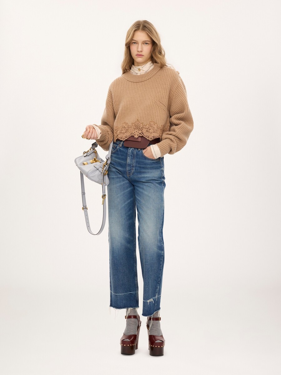 Cropped mock-neck jumper in a wool and cashmere knit & lace - 3
