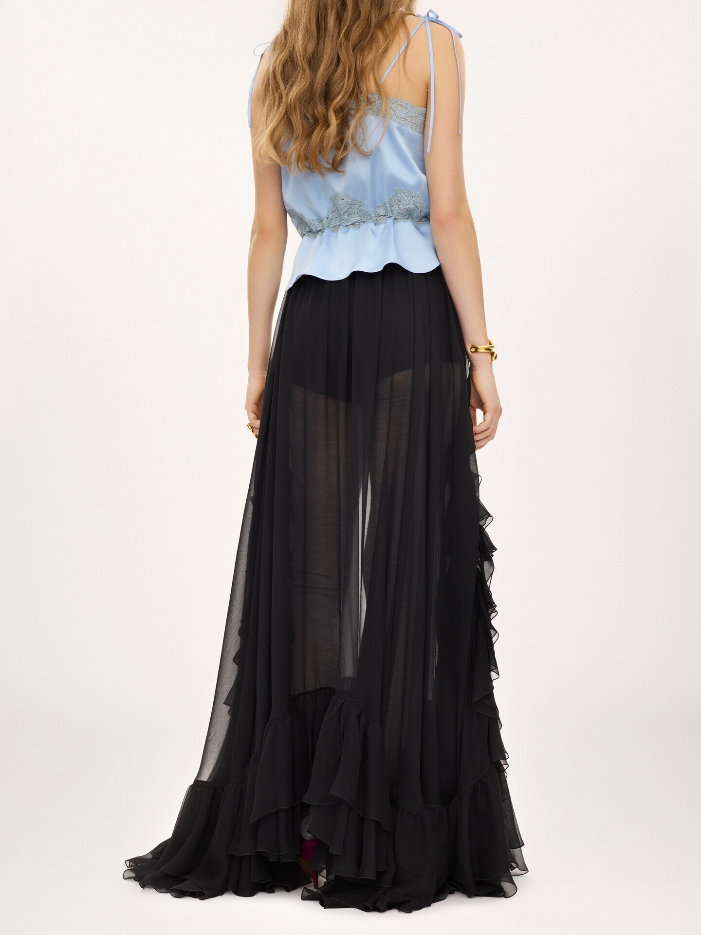 Ruffled long skirt in silk mousseline - 4.0