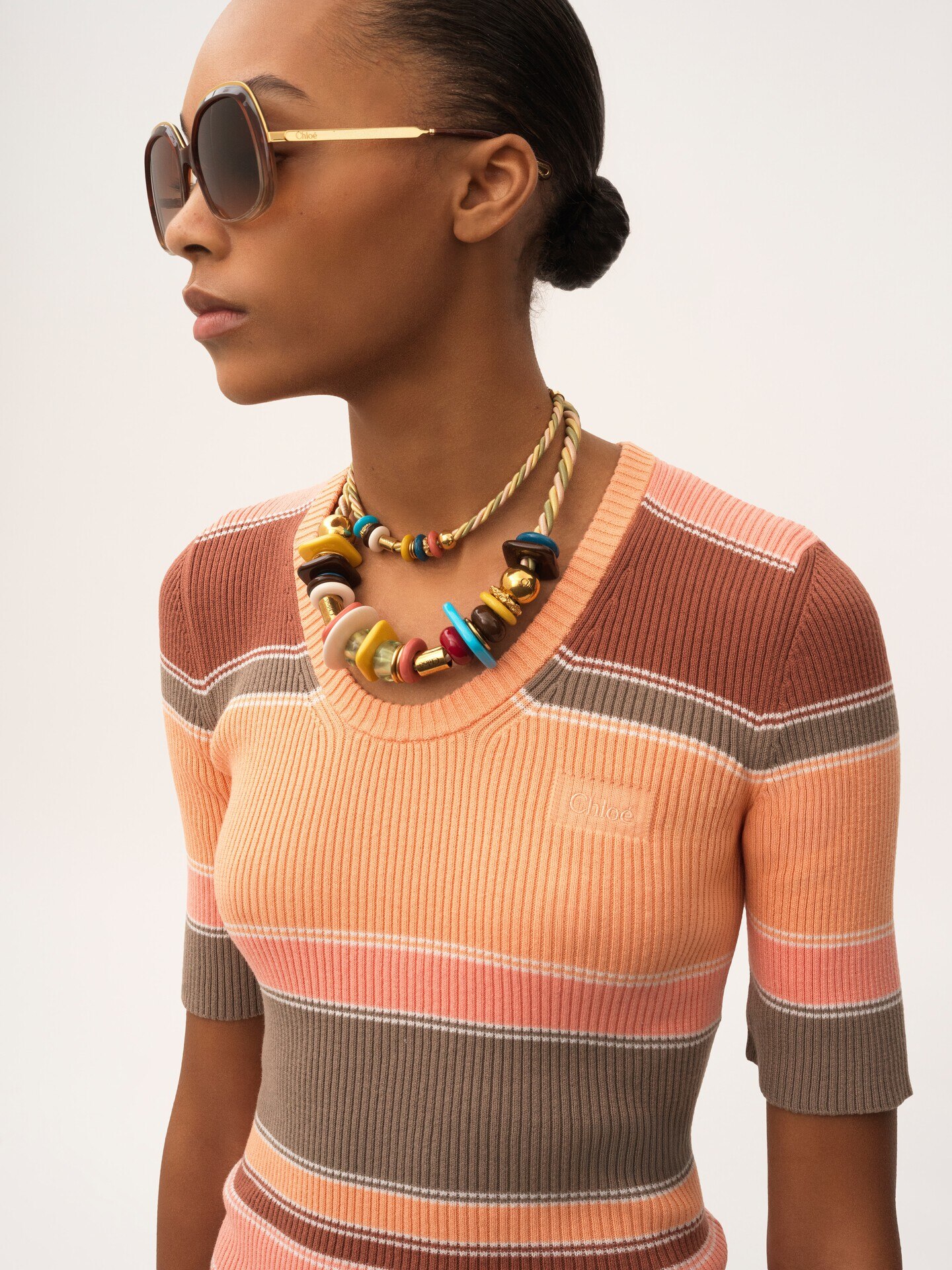 Elbow-sleeve fitted logo top in cotton knit Multicolor