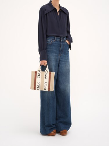 Small Woody tote bag in linen White - Brown - Chloé