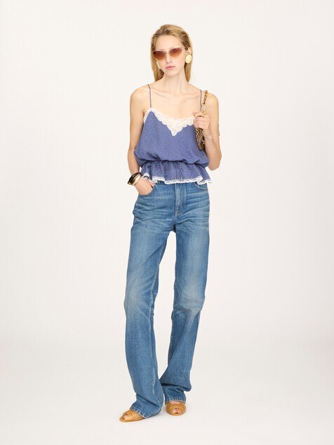 Drawstring camisole top in silk jacquard & lace