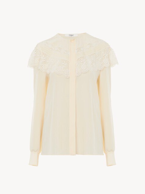 Gathered blouse in cr&ecirc;pe de chine & lace