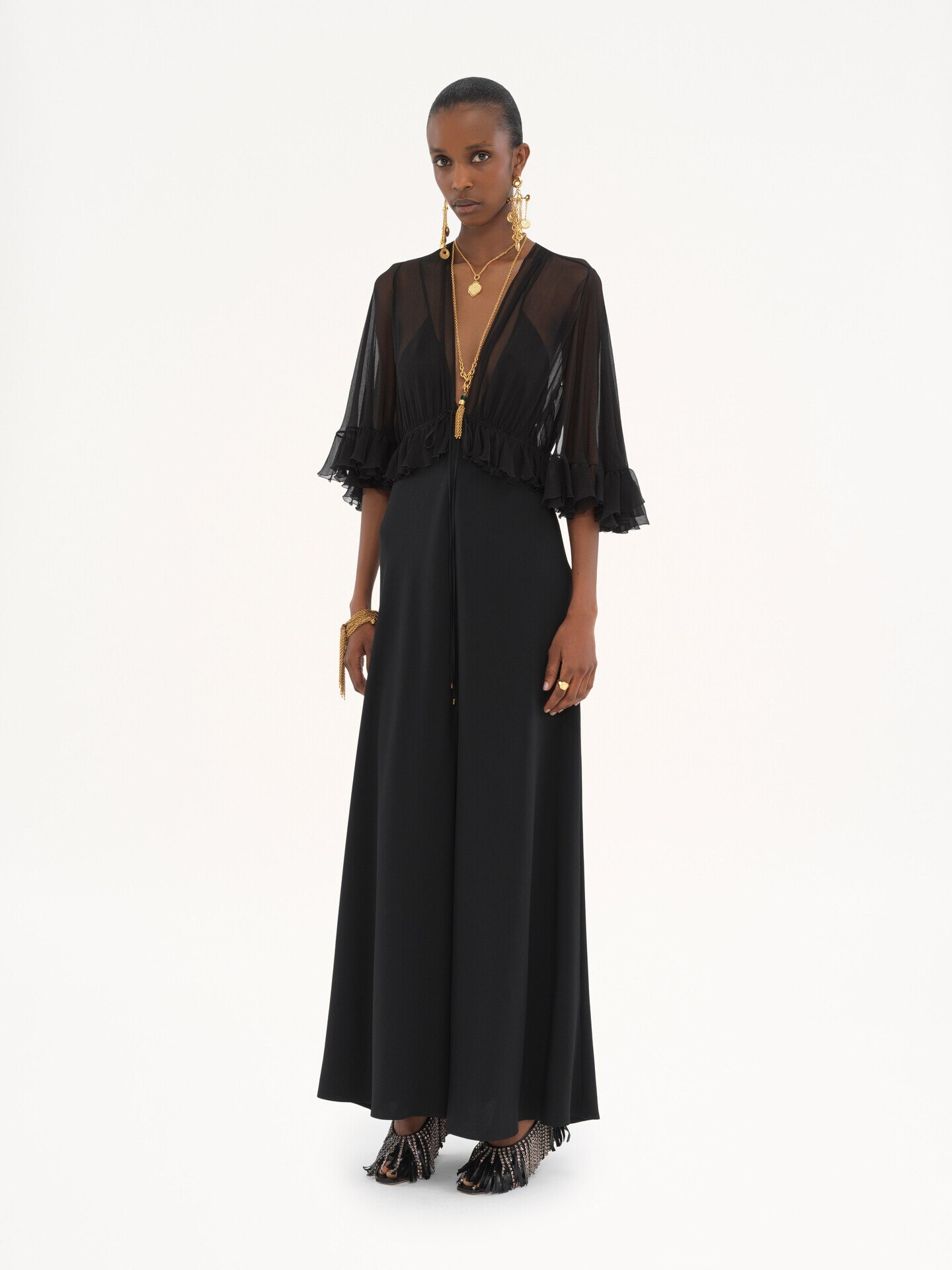 V-neck long dress in cr&ecirc;pe satin - 4