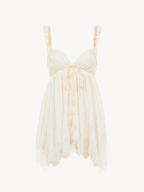 Top sans manches en pong&eacute; de soie lav&eacute;e et dentelle