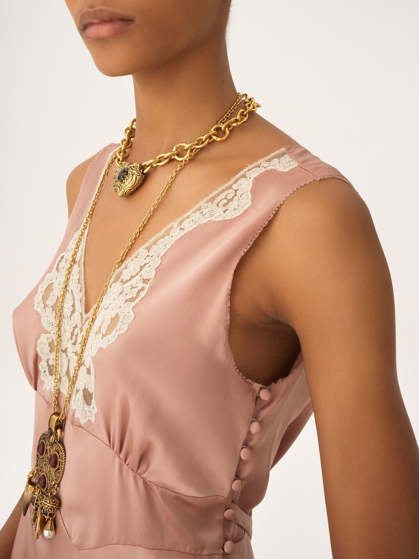 Sleeveless mini dress in washed silk satin & lace - 7