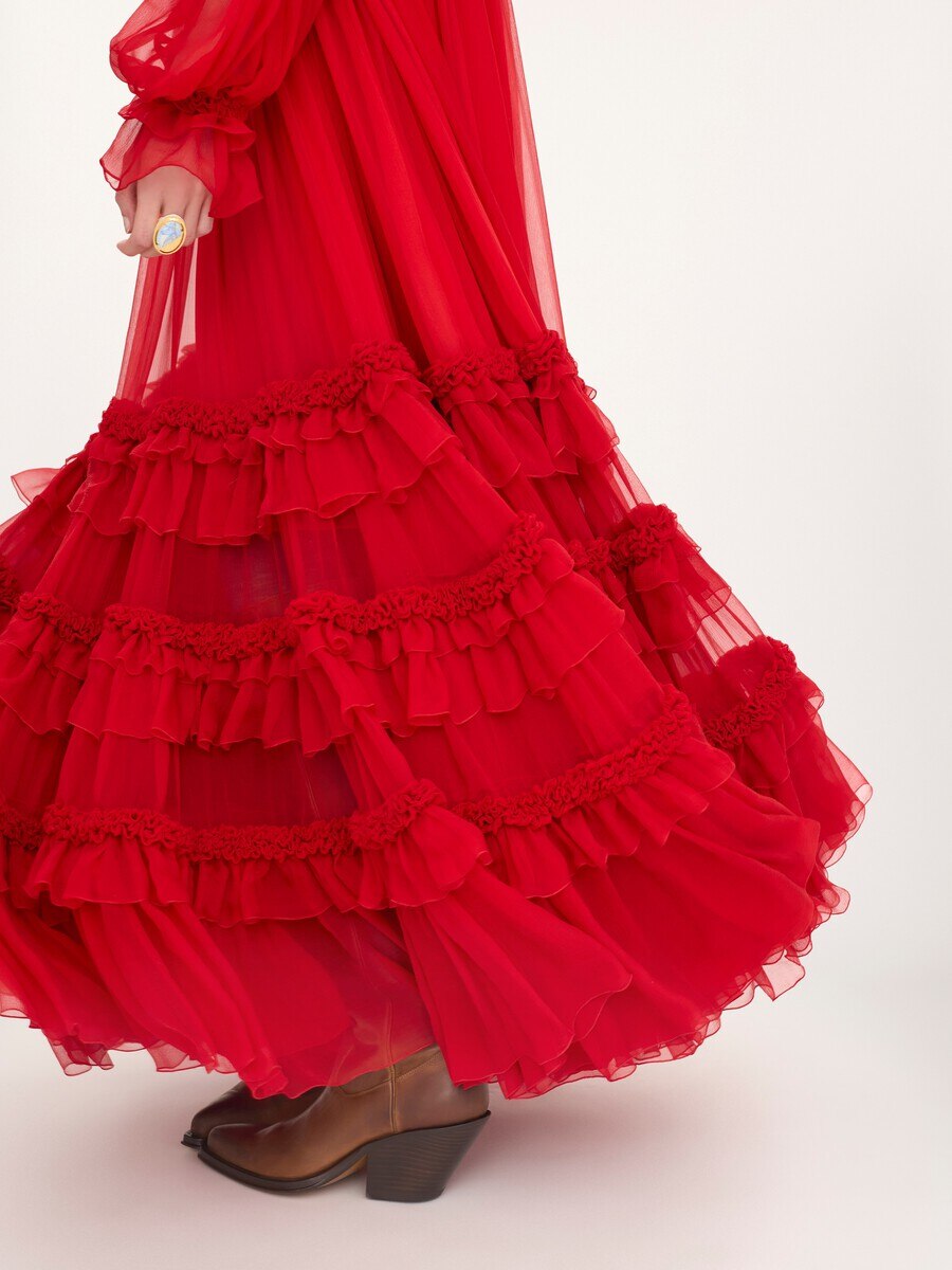 High-neck ruffled long dress in silk mousseline - 6