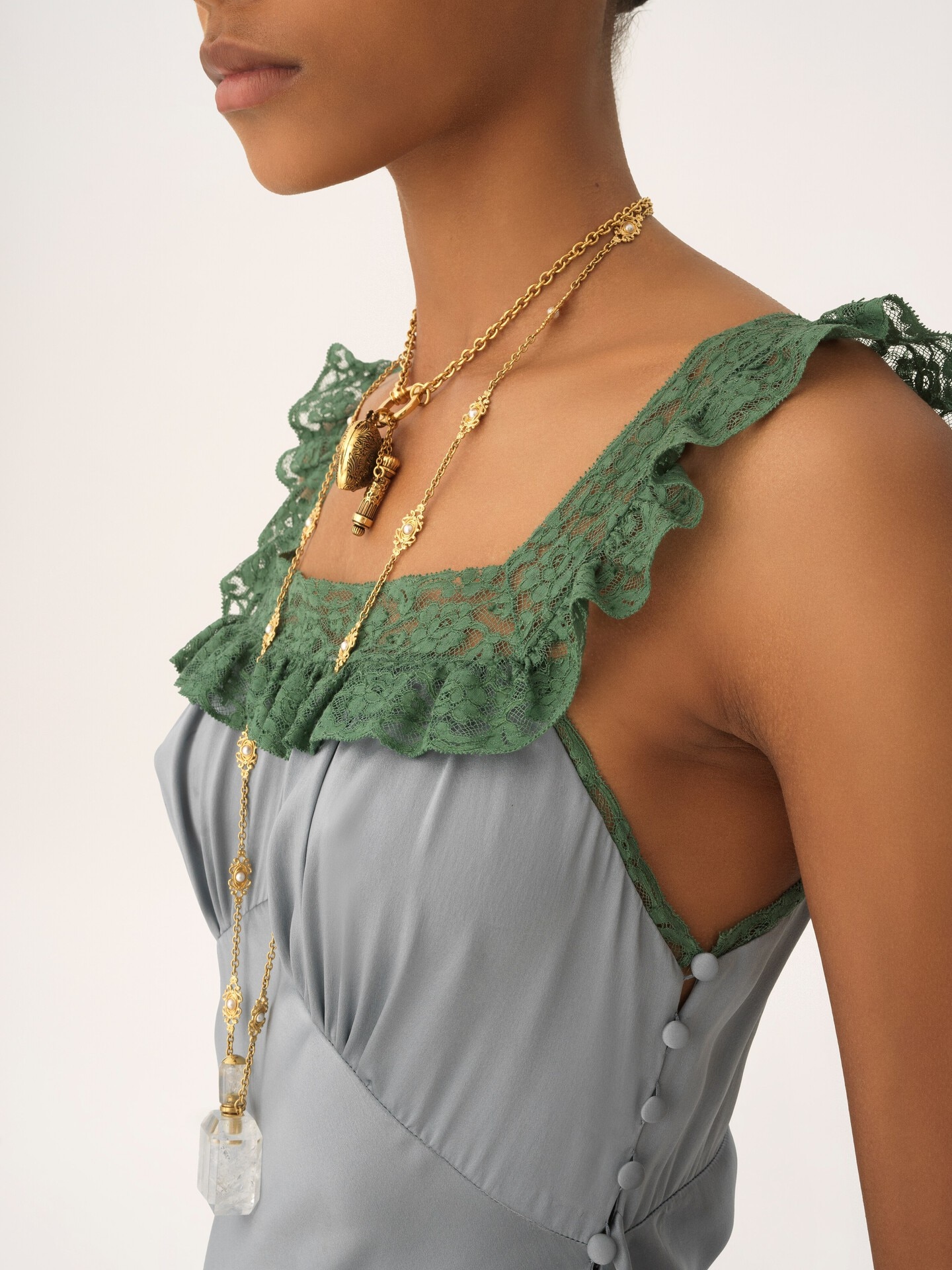 Sleeveless column dress in washed silk satin & lace - 5